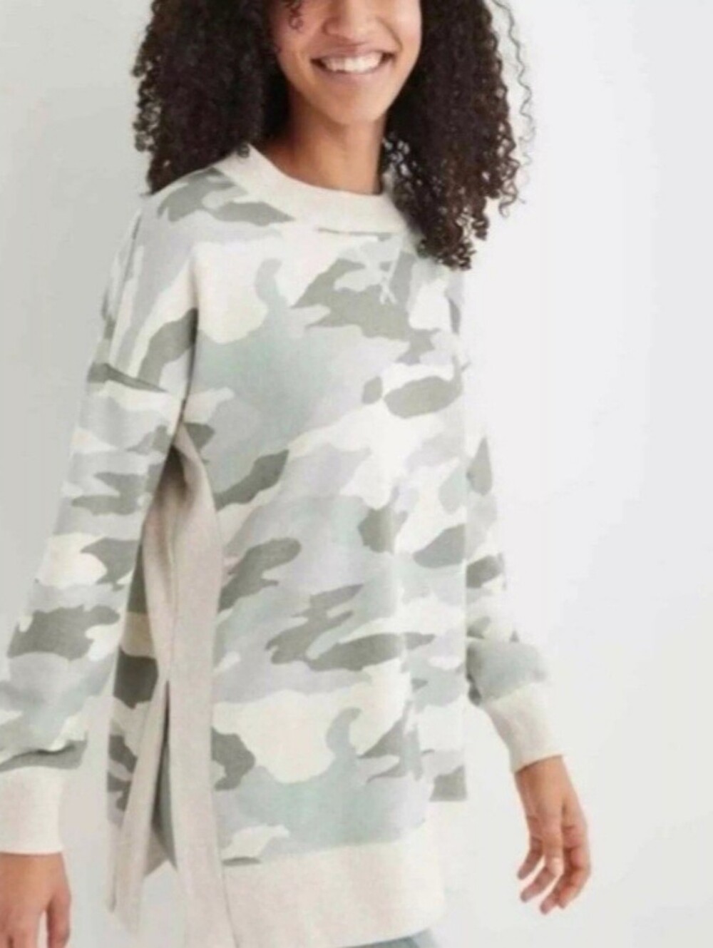 Aerie Good Vibes oversized green camo crewneck sweatshirt